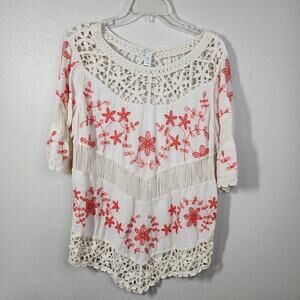 Crochet Embroidered Top Lace Peasant Blouse Cream Orange Women's Size L Boho